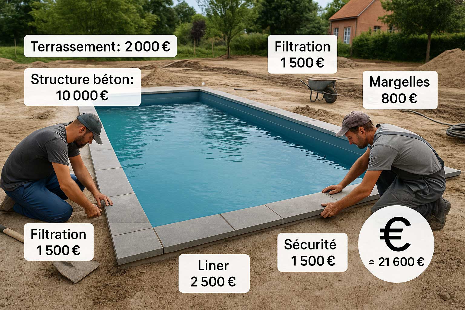 Piscine en autoconstruction avec ouvriers posant les margelles et répartition des coûts du projet