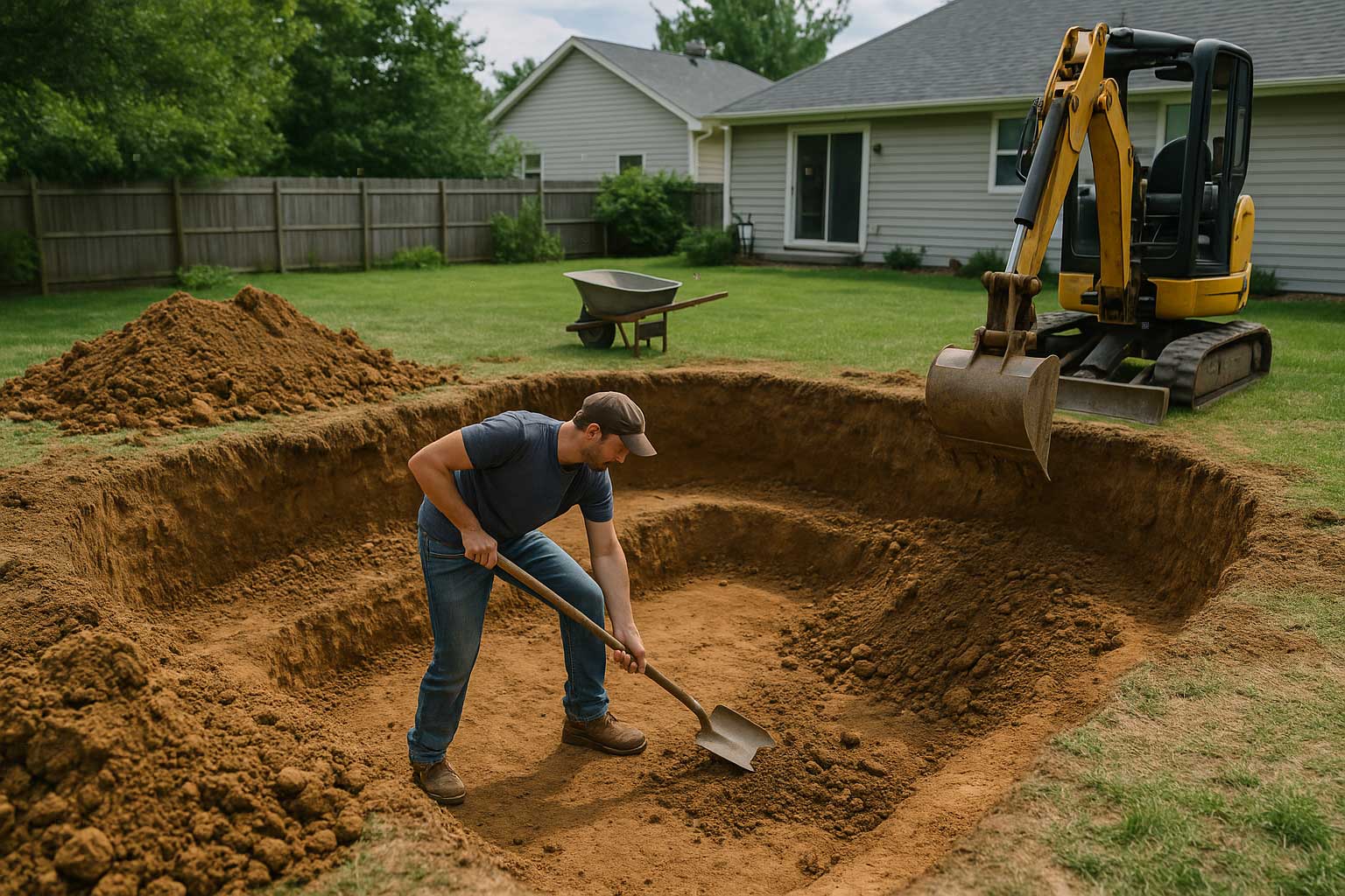 Mini-pelle en train de creuser une piscine rectangulaire dans un jardin résidentiel, terre évacuée et margelles prêtes à poser