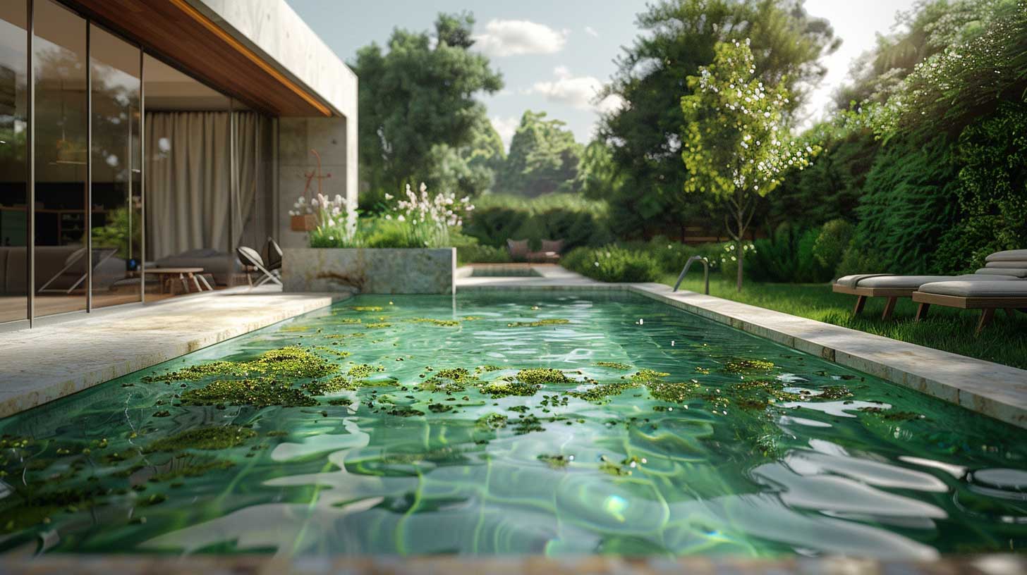 Piscine avec eau verte due aux algues et margelles en céramique autour du bassin