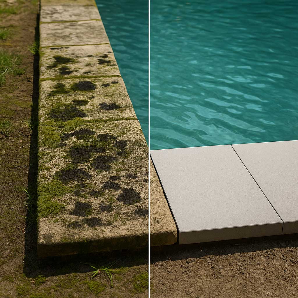 Margelles piscine et entretien anti-mousse : comment éviter les taches vertes et noires ? (guide complet 2025)