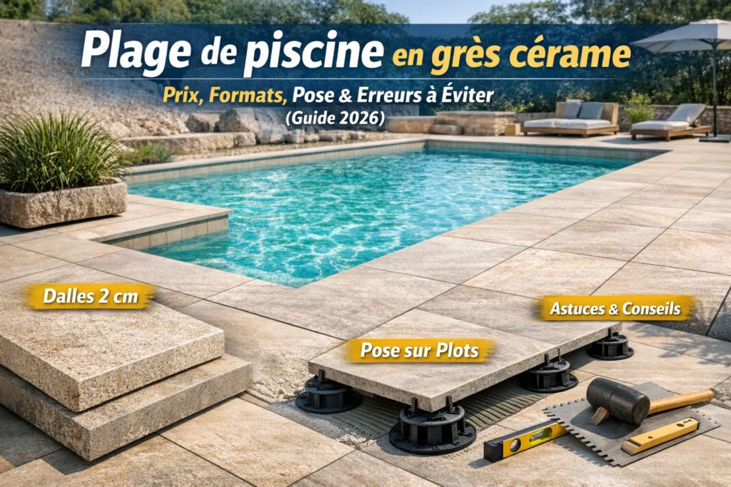 Plage de piscine en grès cérame : prix, formats, pose et erreurs à éviter (guide 2026)